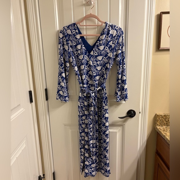 Boden Amy Jersey Midi Dress Double V Belted Blue White Size 6R VGUC Side Pockets - Picture 2 of 16